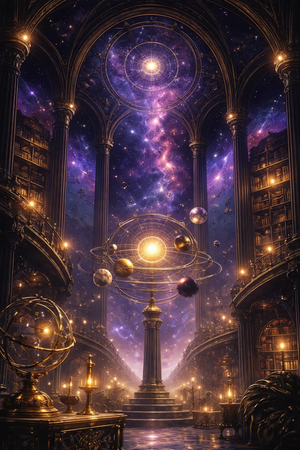 Mystical cosmic library scene with glowing angel numbers floating among ancient numerological texts and celestial knowledge