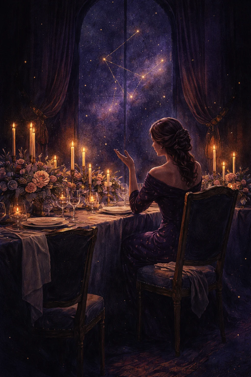 A candlelit dinner table with one chair pushed back and empty — the shape of an unspoken Aquarius and Libra compromise