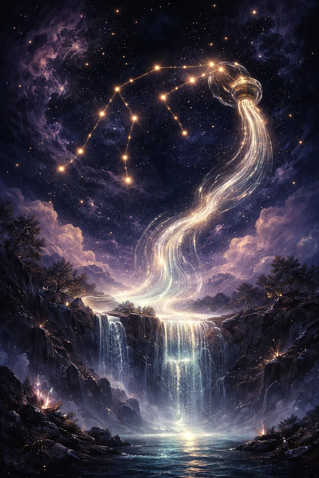 Atmospheric Aquarius scene with starlit observatory and electric constellation patterns flowing through an indigo night sky