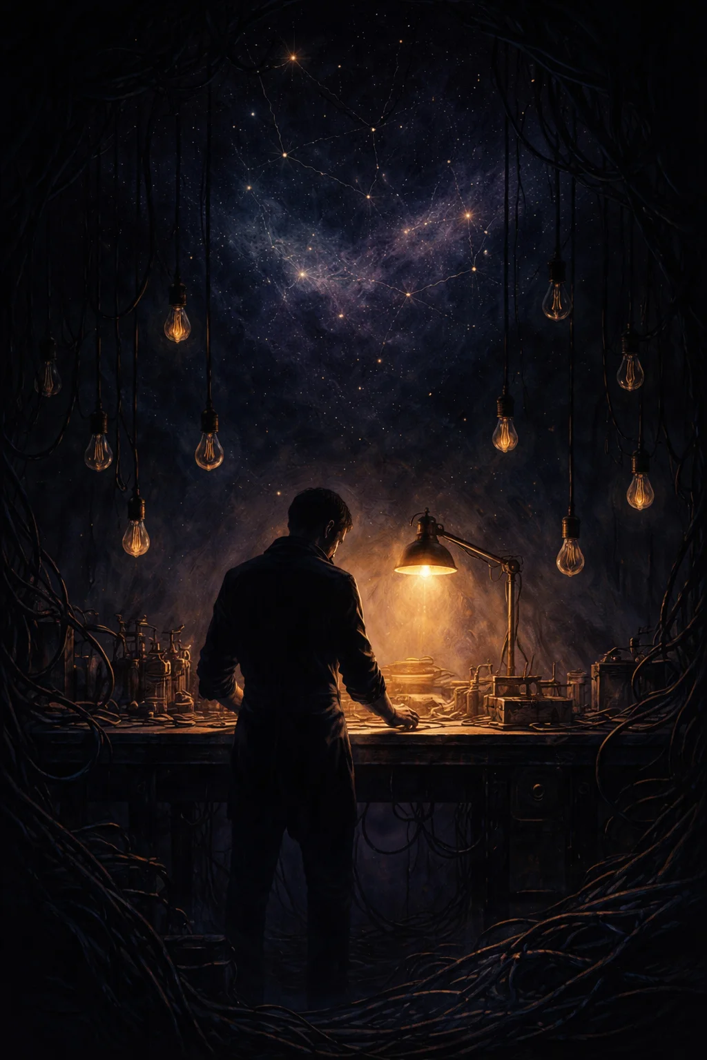 An Aquarius man at a lit workbench with one lamp burning above him and a dozen unconnected bulbs hanging dark around it
