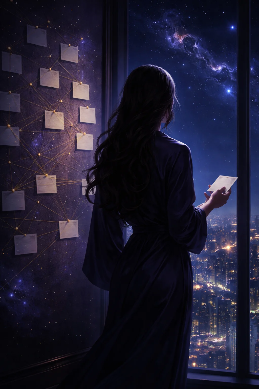Aquarius woman at a window at night beside a wall of pinned index cards linked by pale threads, holding one unpinned card