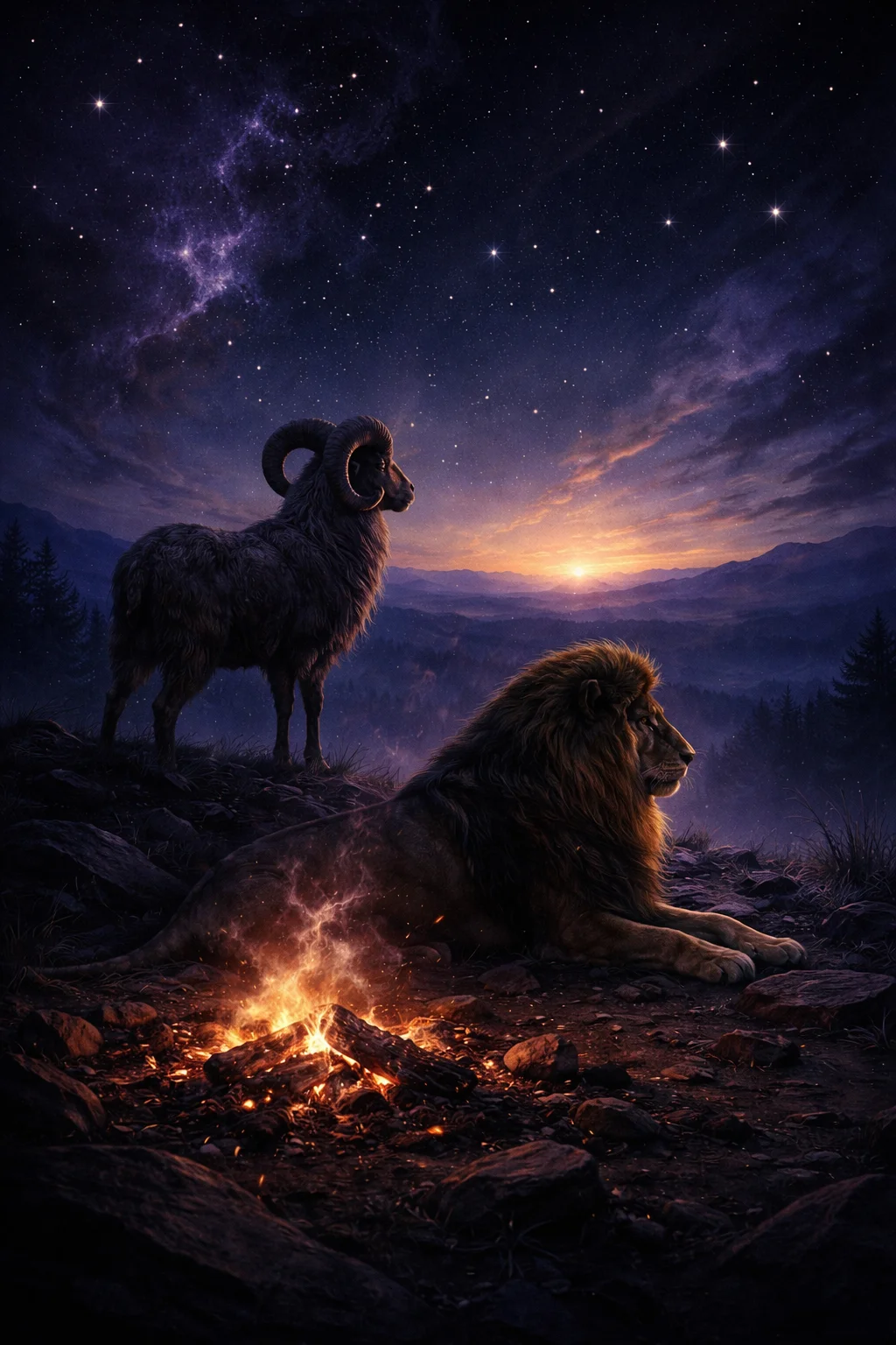 A ram already leaving while a lion still watches the embers — the Aries and Leo cooldown gap