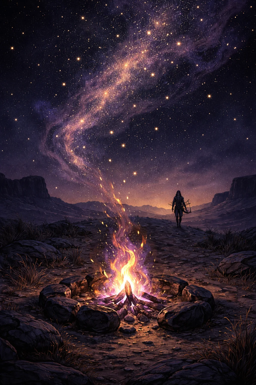 Aries and Sagittarius upkeep gap shown as a campfire in a broken ring of stones with embers escaping at night