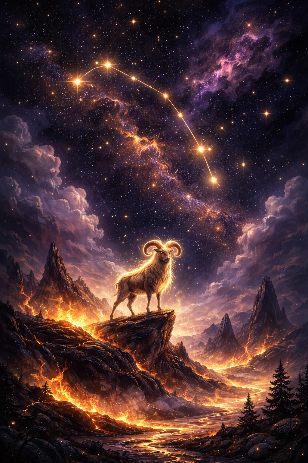 Celestial Aries constellation scene with fiery ram energy against a cosmic night sky and Mars glowing red