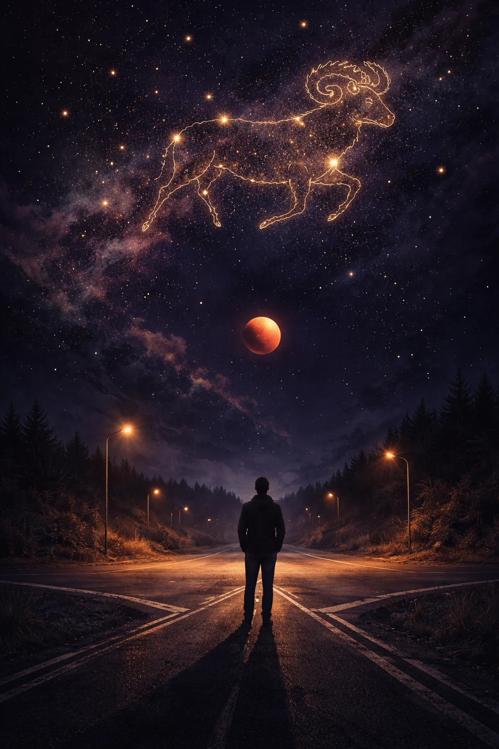 Night scene of an Aries man pausing at a crossroads under a red Mars sky, engine light glowing on an empty road