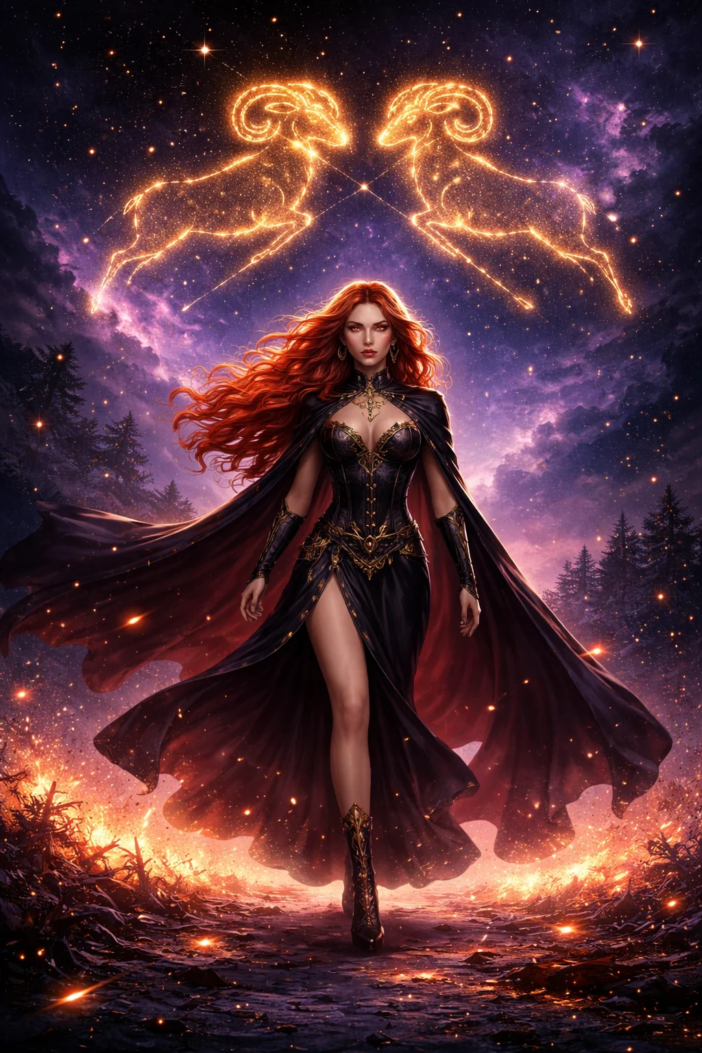 Atmospheric scene of an Aries woman striding through drifting embers and sparks at dusk