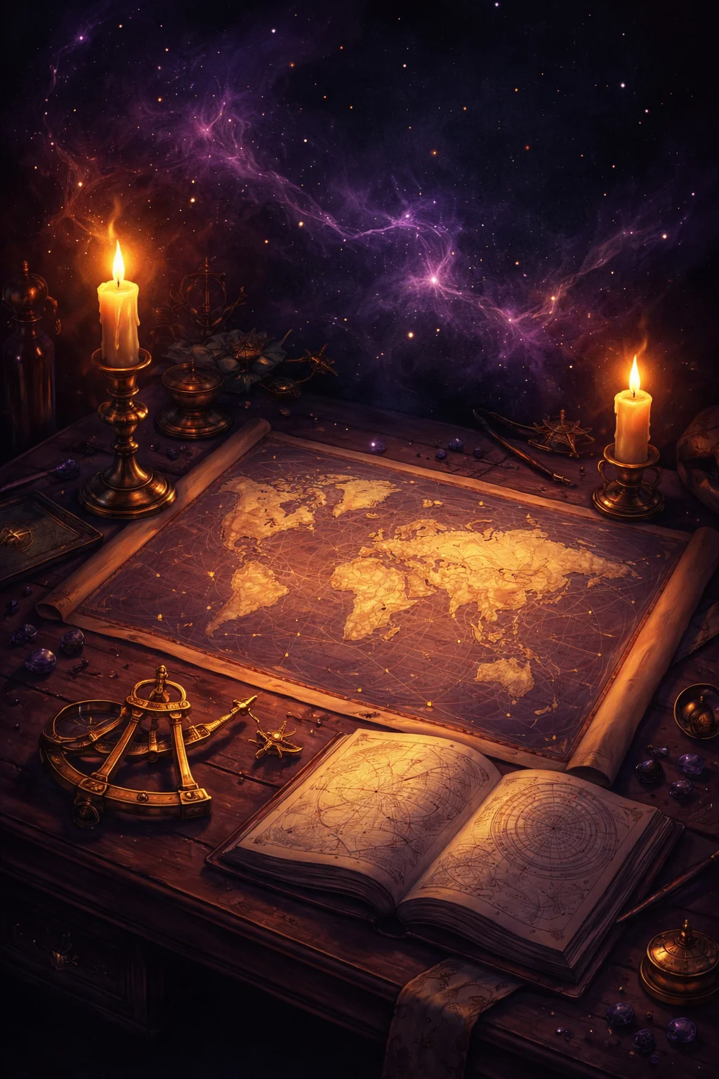 Candlelit desk with a world map, brass sextant and open ephemeris, the working surface behind an astrocartography reading