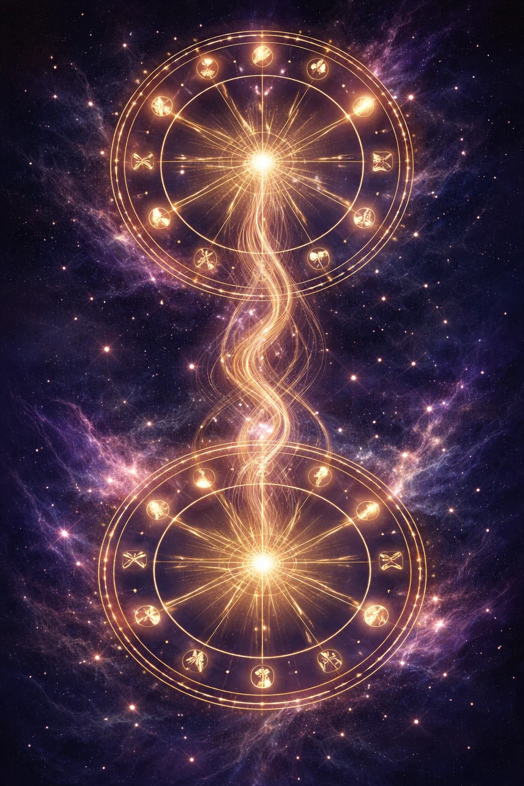Two translucent astrology chart wheels in a night sky, golden threads weaving between planets to show synastry contacts
