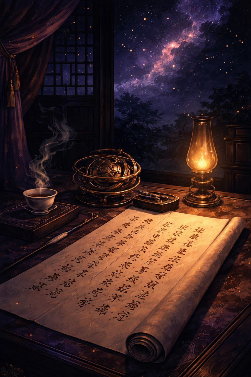 A BaZi chart of four brush-written pillars unrolled on a lamplit desk beside a brass armillary ring
