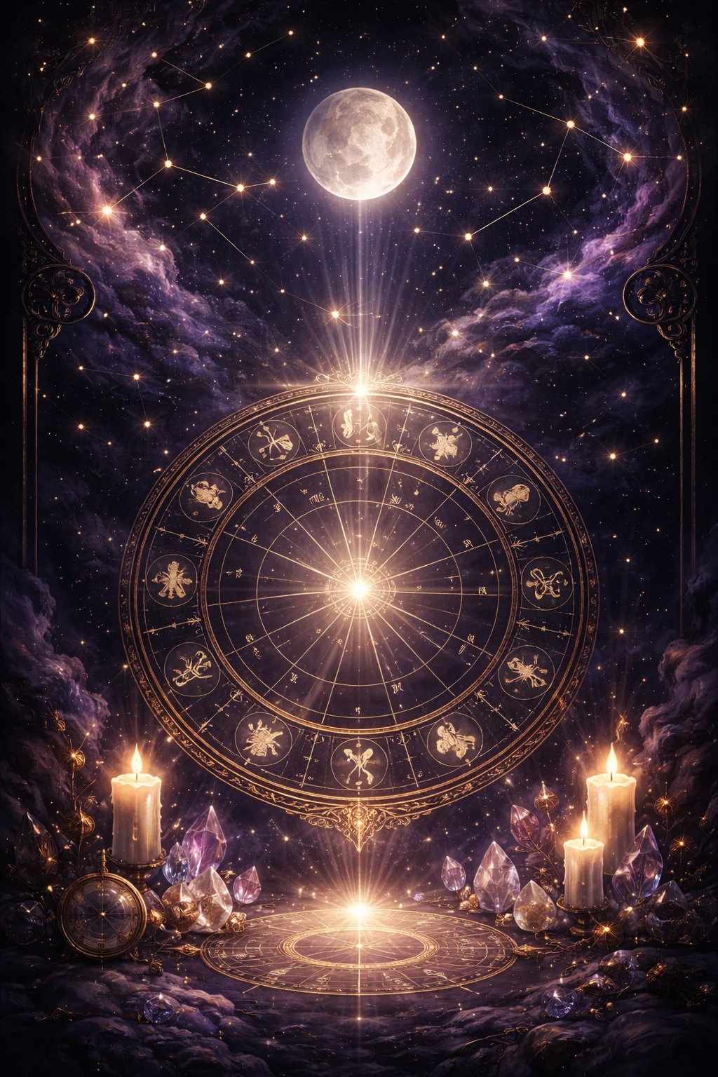 Astrologer studying an illuminated birth chart on parchment in a candlelit study with celestial instruments and zodiac maps on the walls