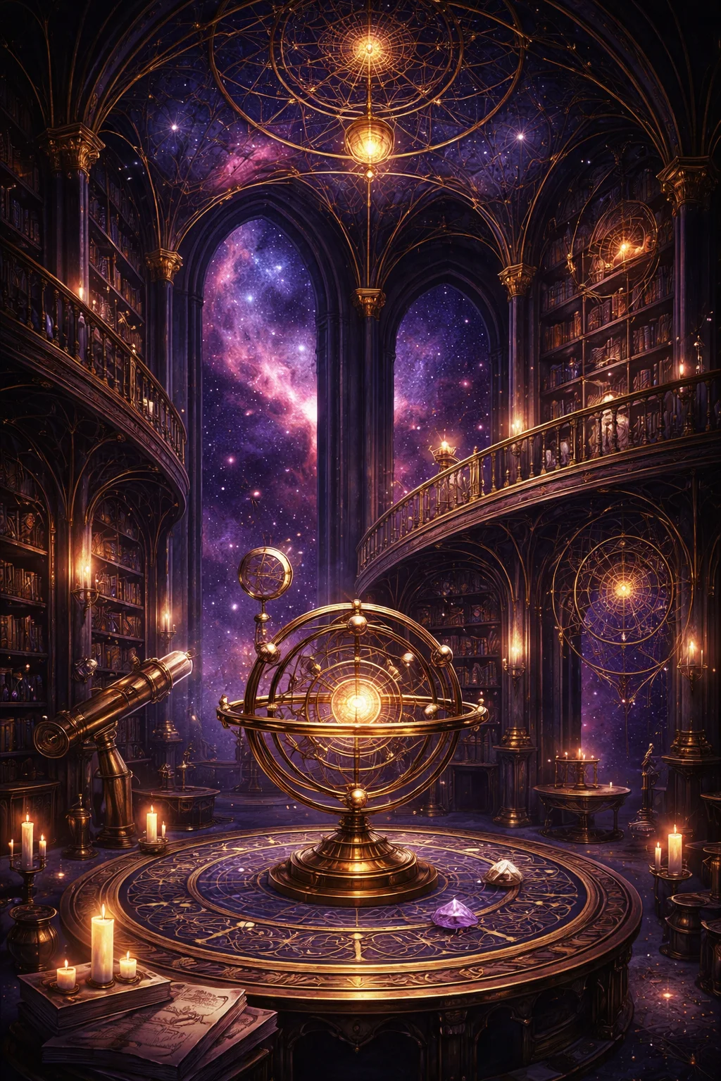 Celestial observatory with zodiac wheel and planetary charts glowing in gold and indigo light