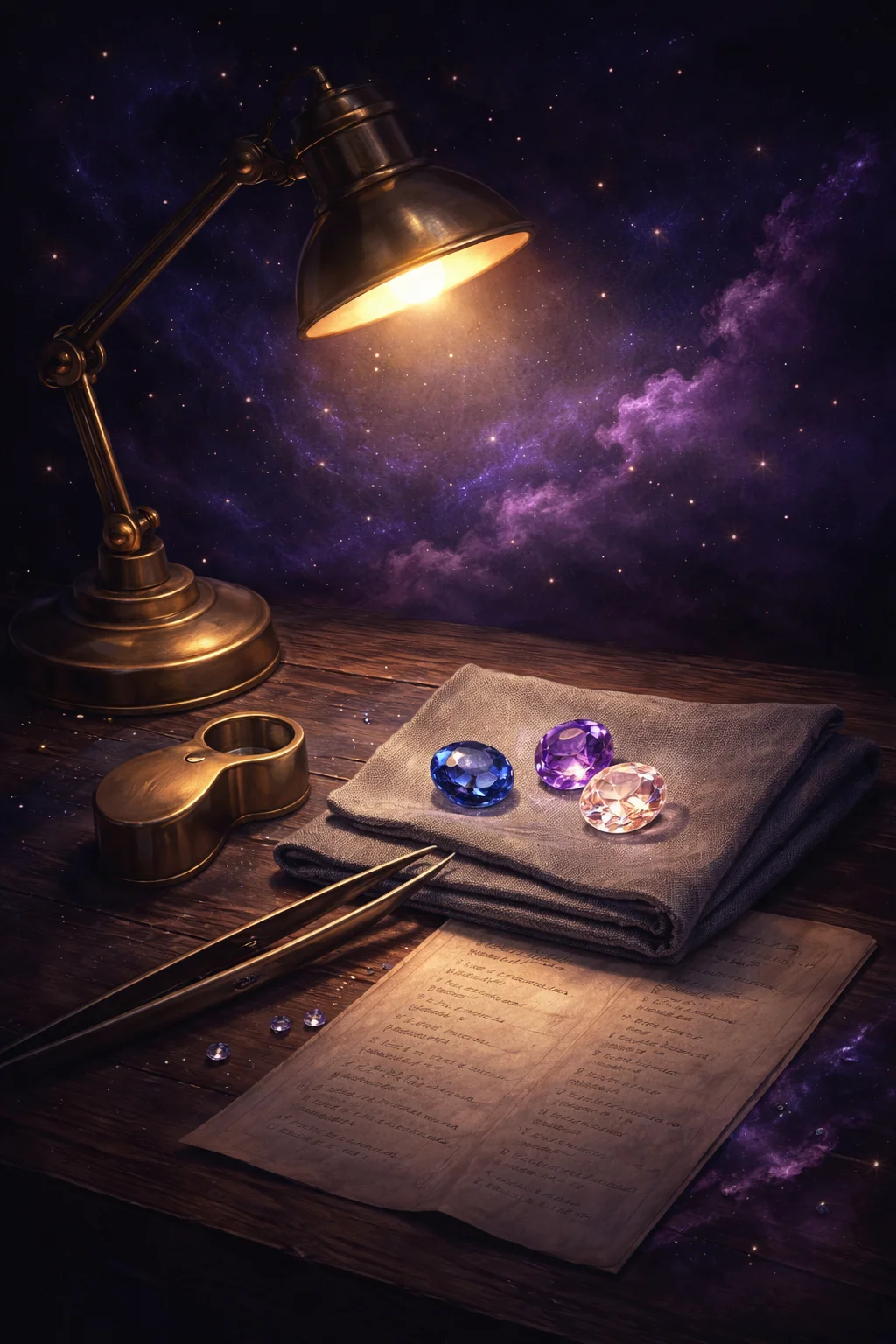 A gem bench lit by one lamp: loupe, tweezers and three loose birthstones beside a handwritten list of the twelve months