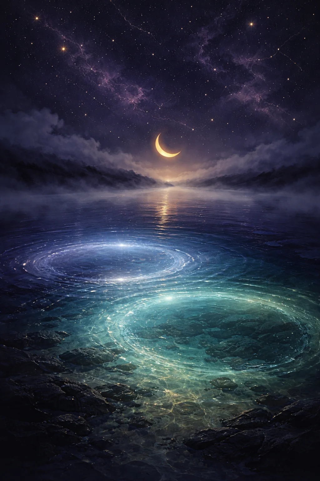 Cancer and Pisces emotional merging shown as two moonlit pools of water blending under low fog in a night bay