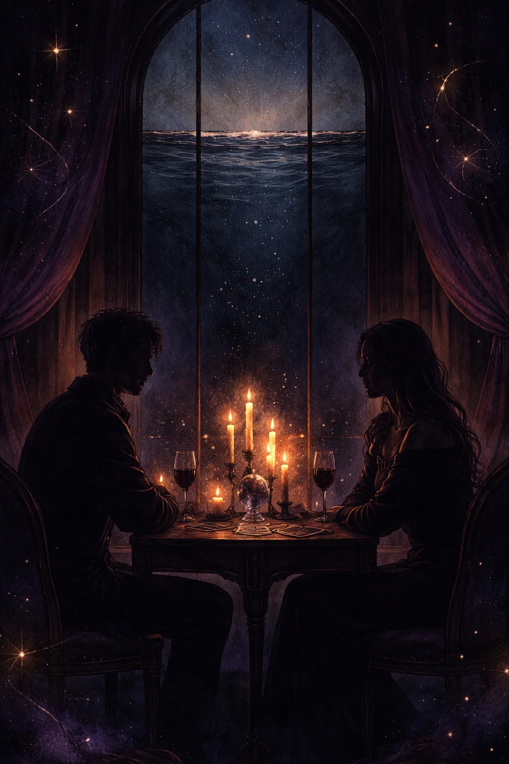 Two figures sitting in candlelit silence at night, the Cancer and Scorpio standoff before anything is said