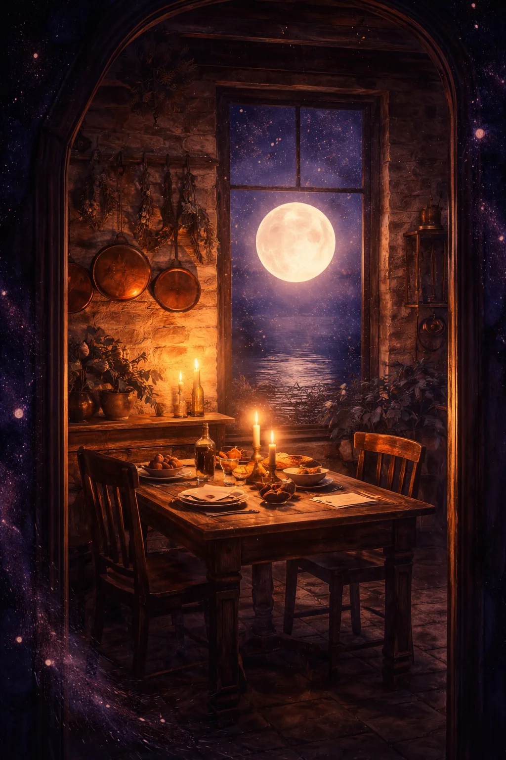 Candlelit kitchen laid for two with a full moon rising over water beyond the window