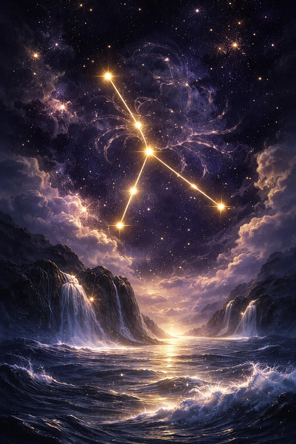 Moonlit ocean shore with Cancer constellation glowing above silver tidal waves and pearl-white light