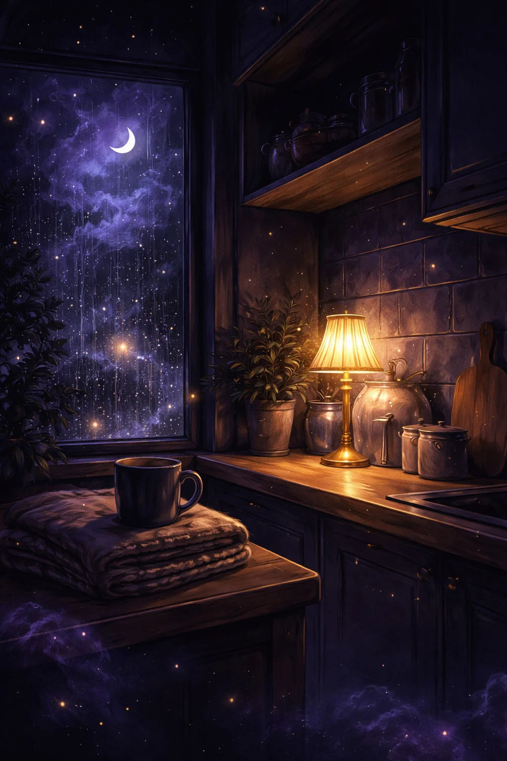 A moonlit kitchen with a mug and folded blanket left ready on a shelf, the way a Cancer man says things