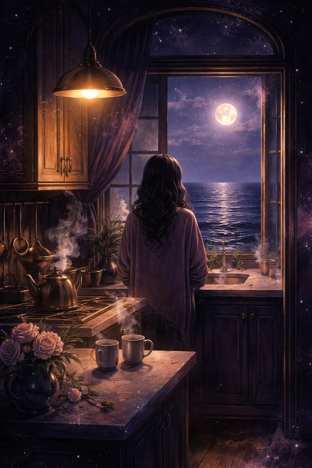 A Cancer woman at a dark kitchen window watching the moonlit sea, kettle steaming, two cups out and only one filled