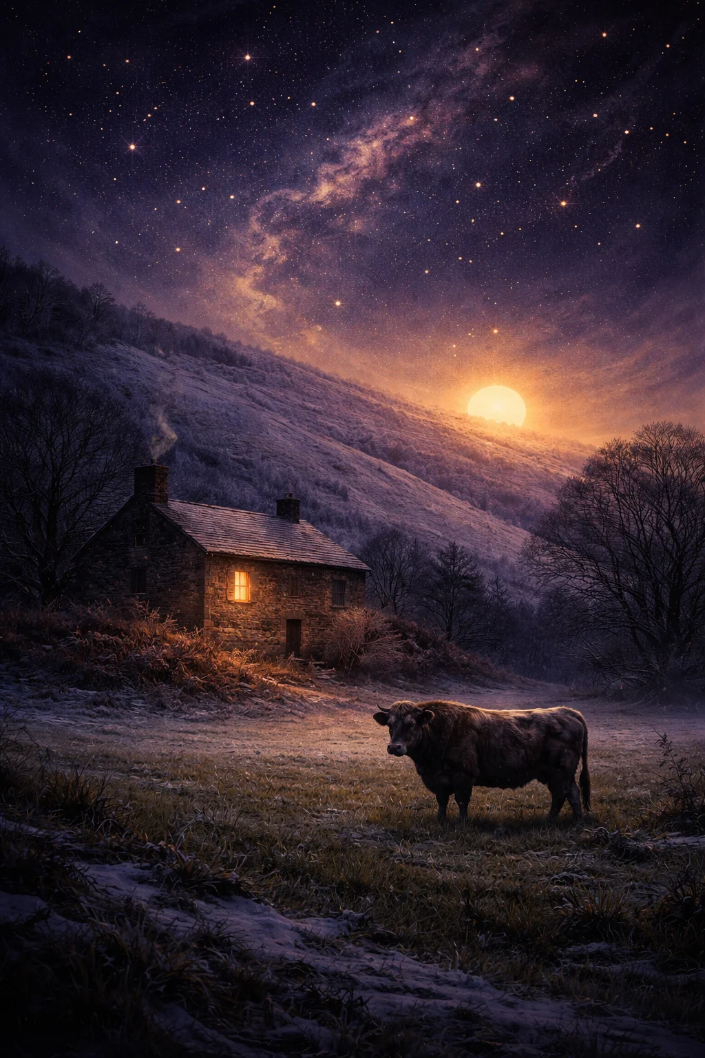 Winter dusk over a stone farmhouse with lamplight inside and a bull standing in the field below
