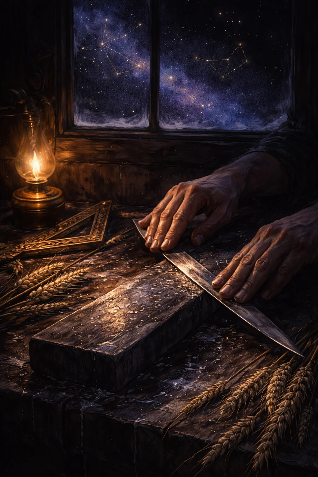 Hands drawing a thin blade across a wet whetstone by lamplight with wheat and a brass set square nearby
