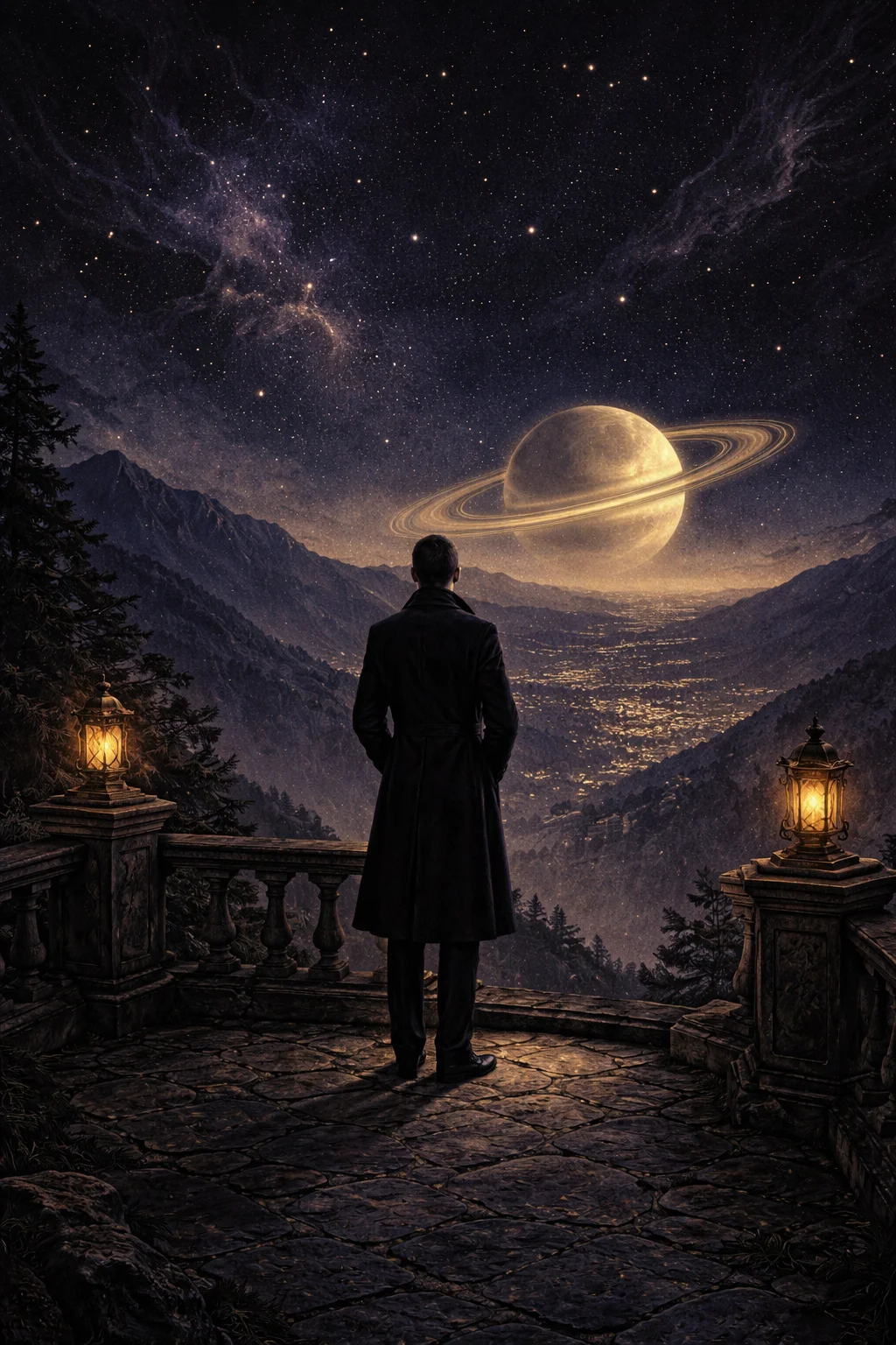 Capricorn man traits: a man in a dark overcoat alone on a stone terrace at night, Saturn low over a distant city