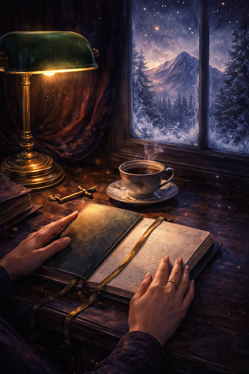 Capricorn woman closing a hardbound diary at a dated page, a spare key and cold coffee on the desk, frost on the window