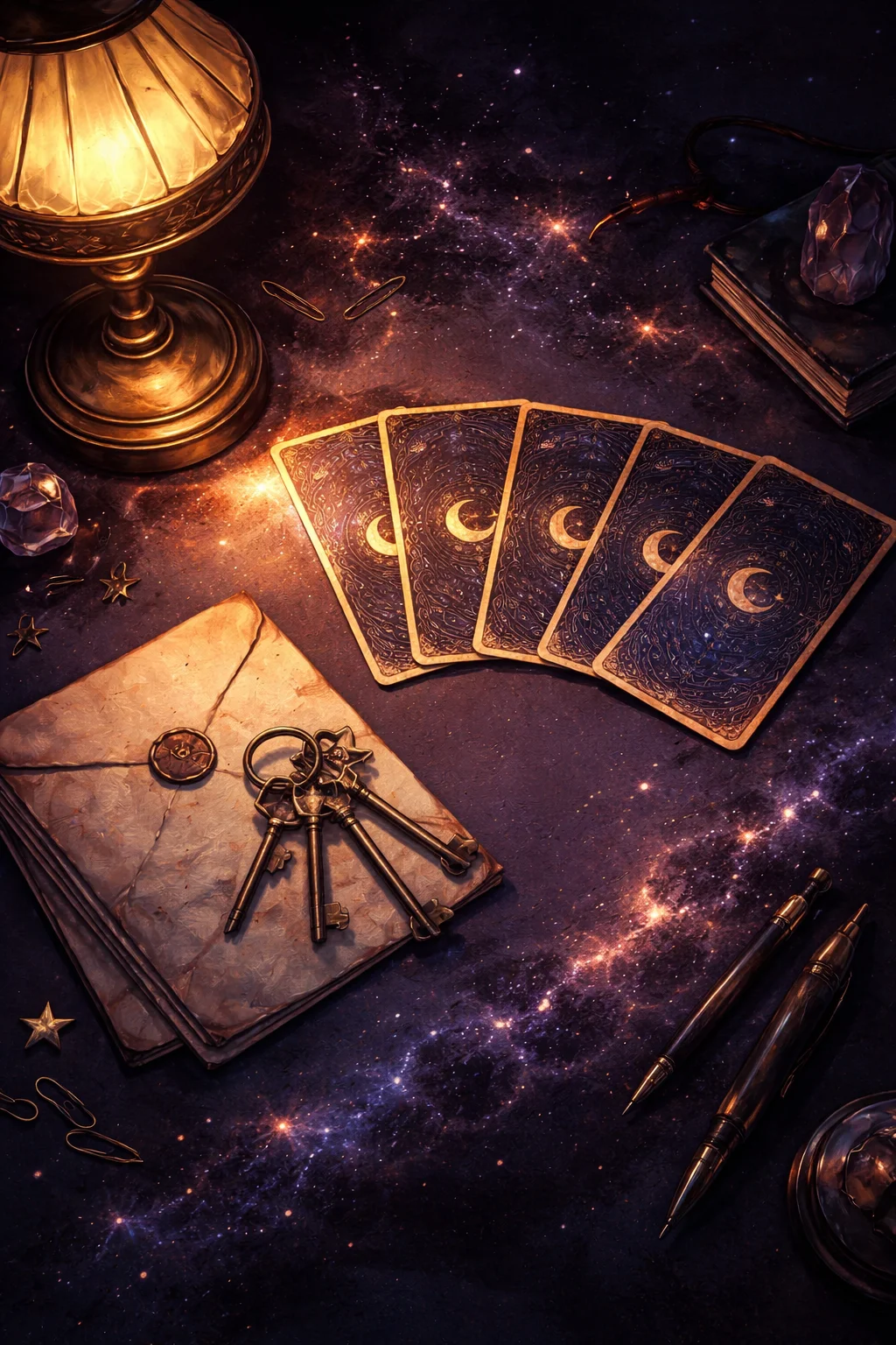 Late-evening desk seen from above with five tarot cards fanned face down beside a folded letter and a ring of keys