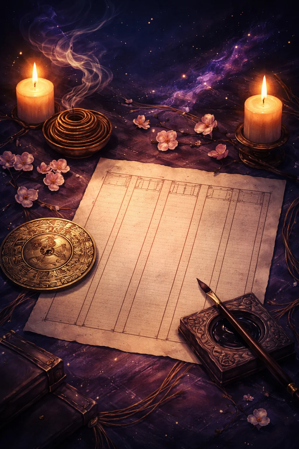 A candlelit Chinese astrology desk at night with a four-column BaZi chart, brass sexagenary disc, ink brush and incense