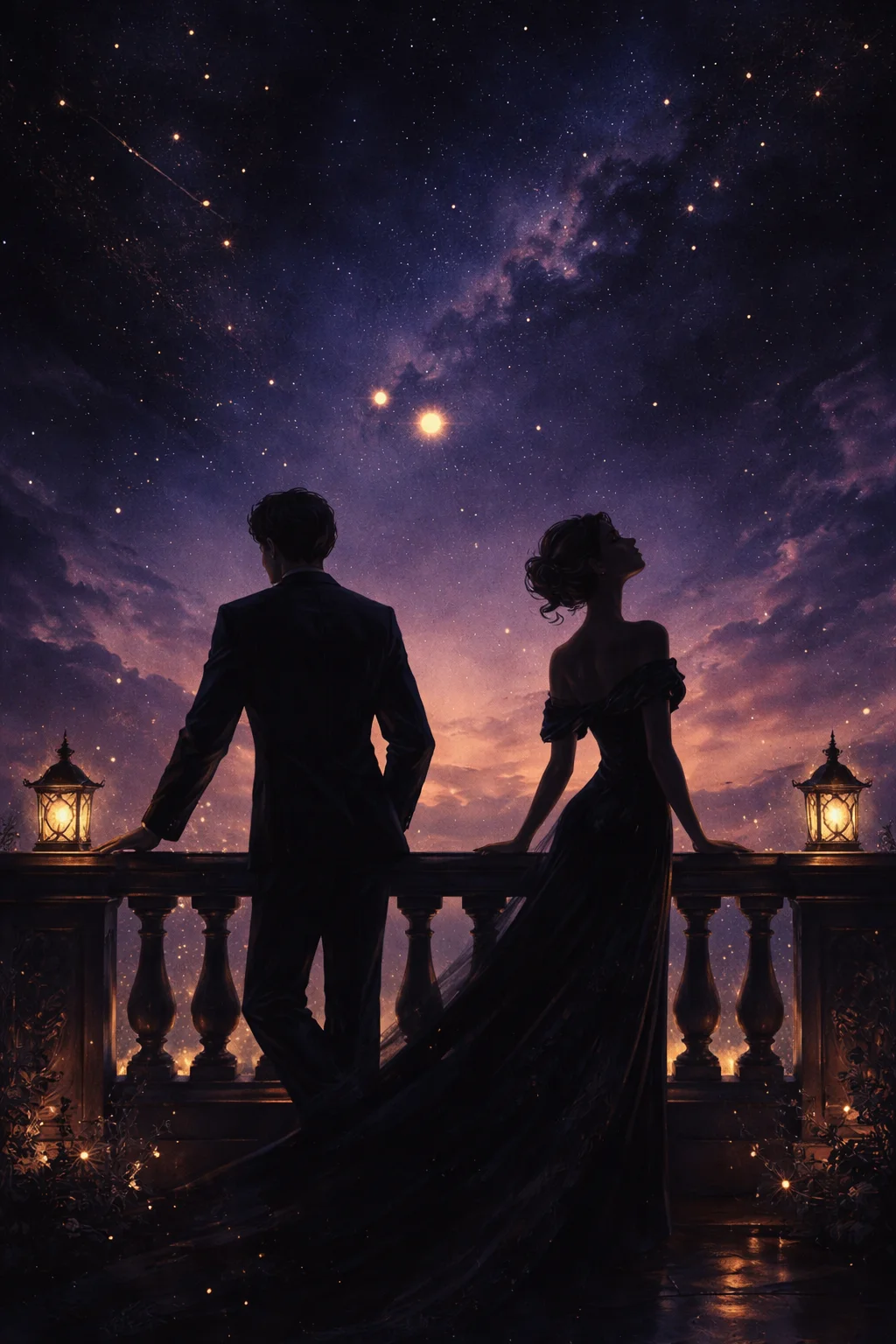 Two silhouetted figures on a balcony at dusk beneath two close planets, illustrating Gemini and Libra compatibility