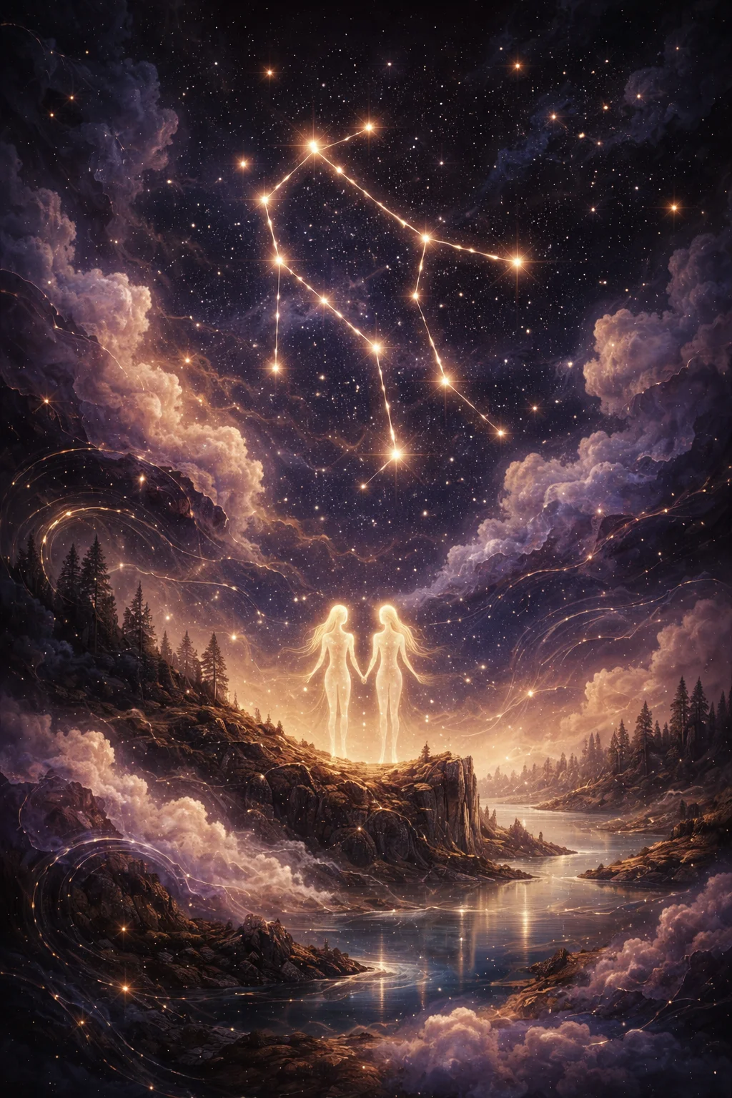 Atmospheric Gemini constellation scene with twin figures surrounded by swirling air element energy under a starlit sky