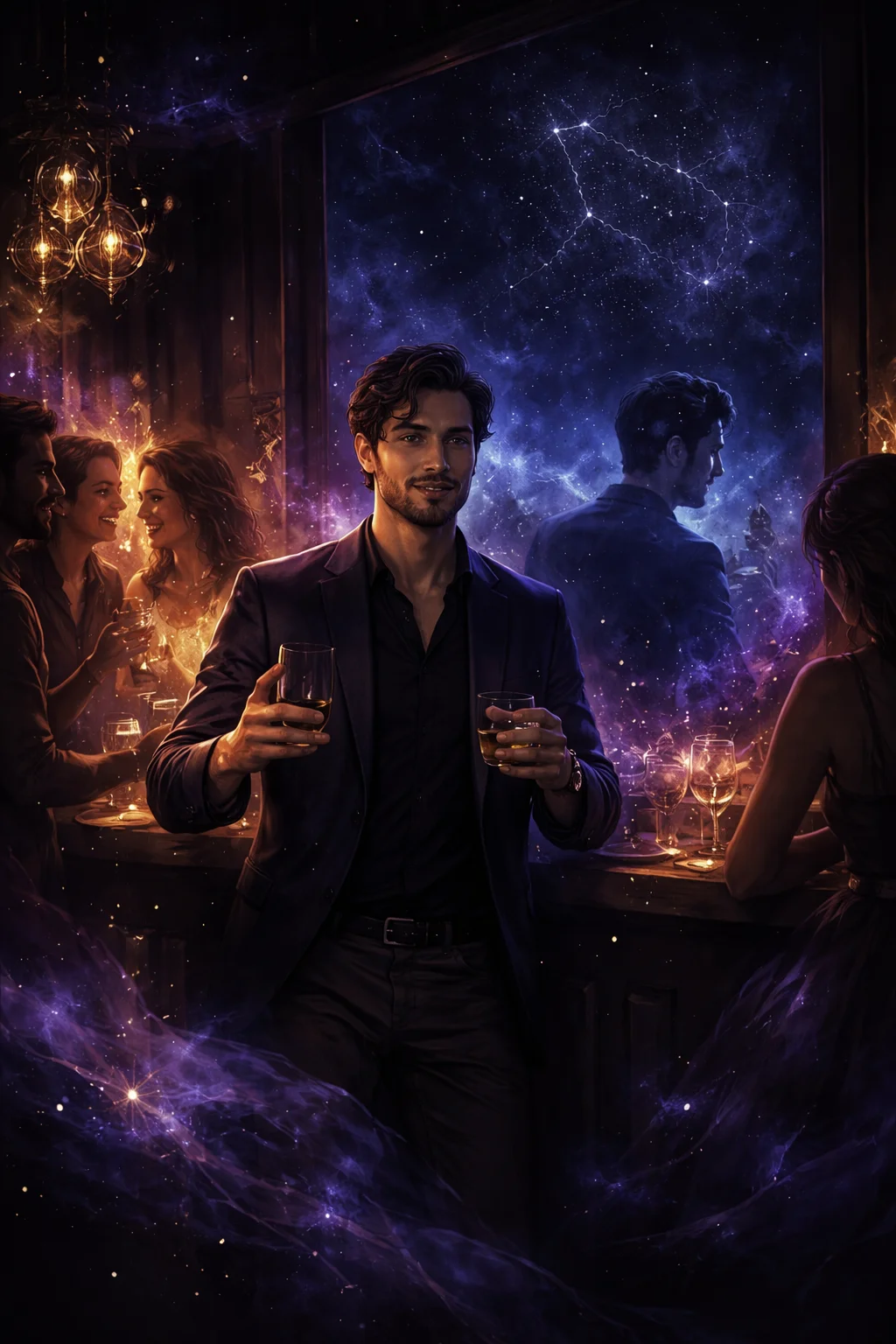 Gemini man traits: a man mid-story at a night bar with three groups listening, a quieter reflection in the window