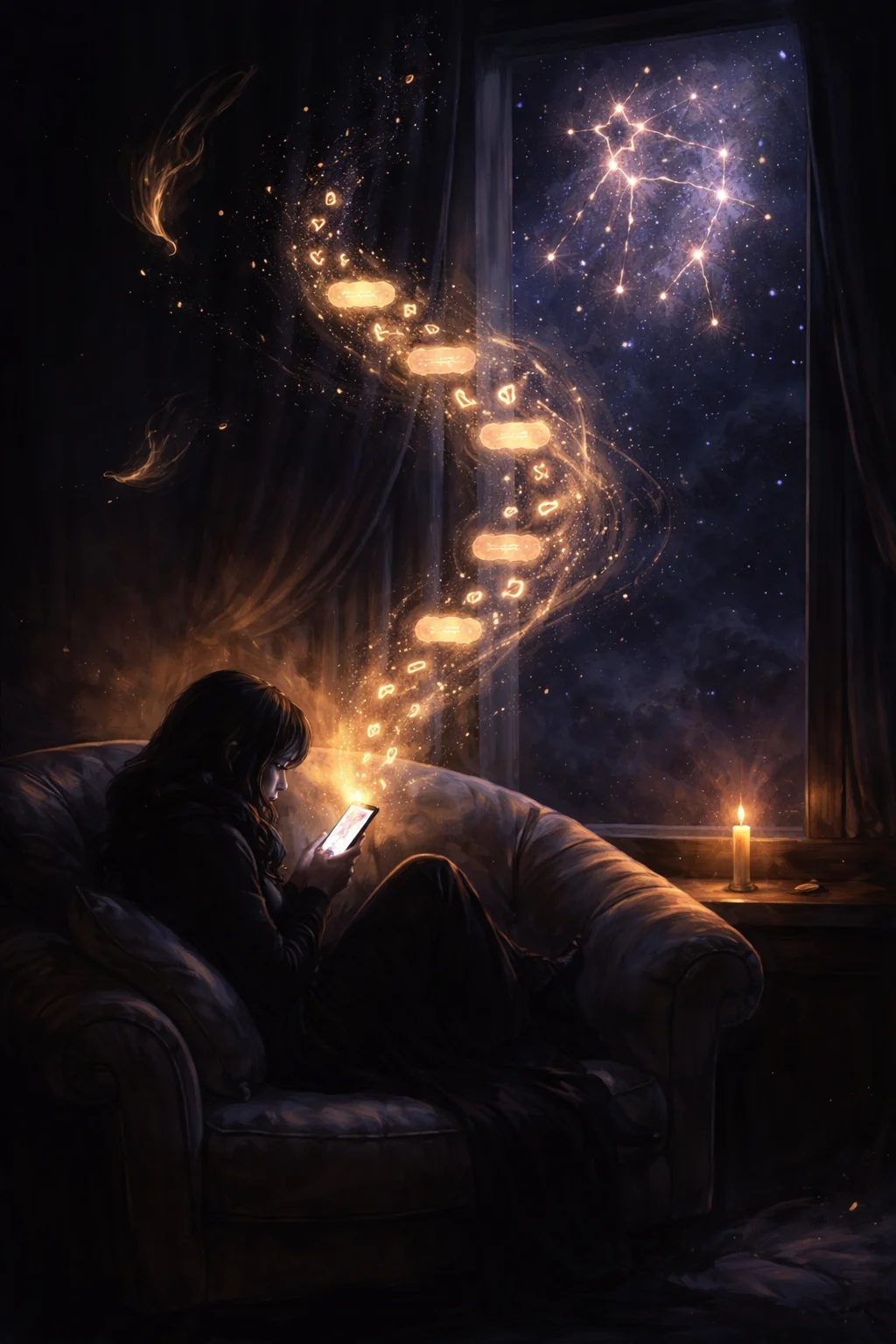Reading a Gemini woman at 2am: a glowing phone screen and message bubbles rising toward the Gemini constellation