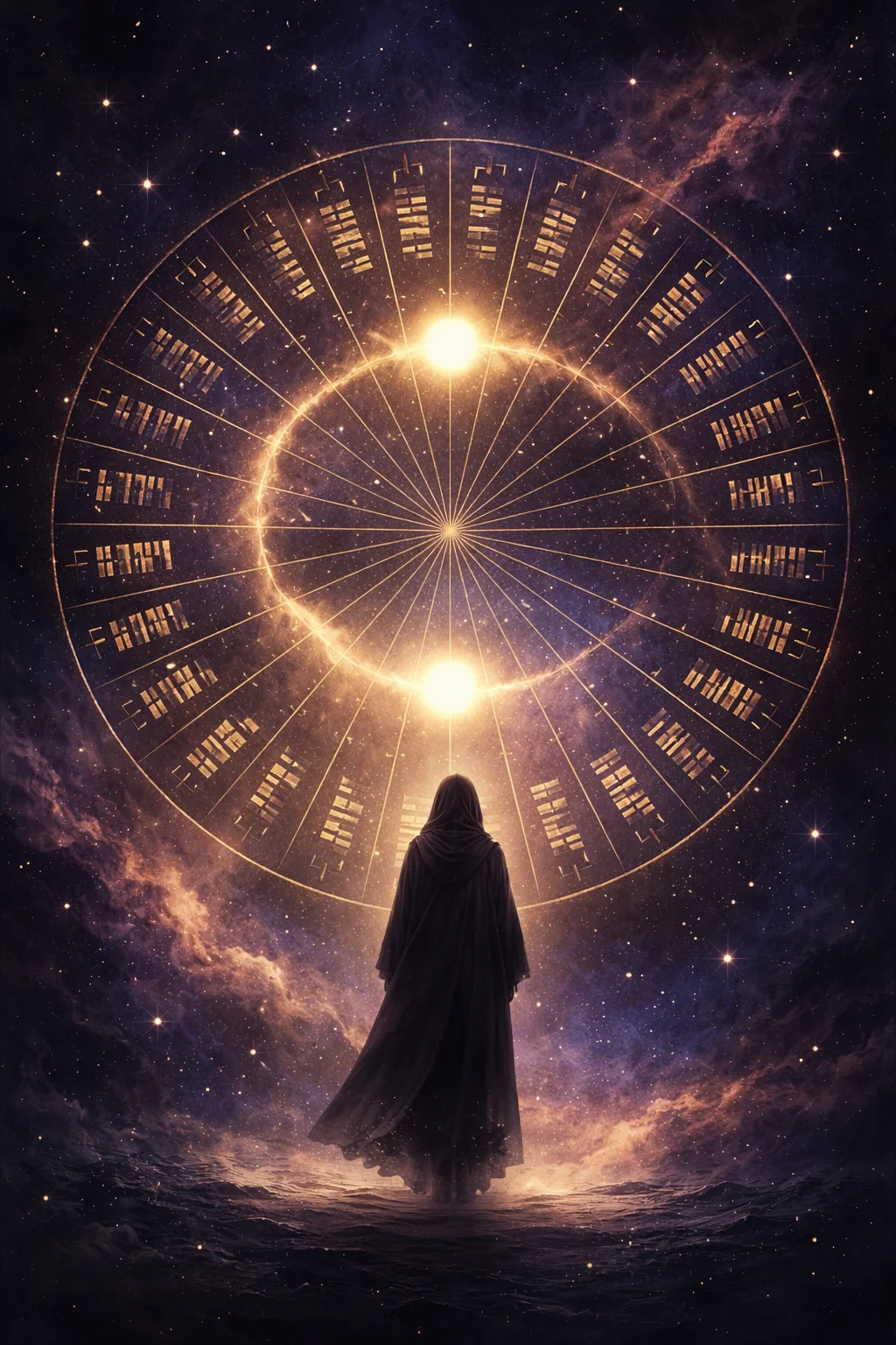 Wheel of 64 Human Design gates marked with I Ching line glyphs, two Sun positions joined by the 88-degree design arc
