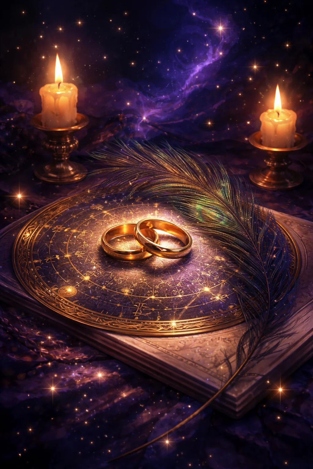 Two wedding rings resting on a brass astronomical chart beside a peacock feather, the traditional emblem of Juno in astrology
