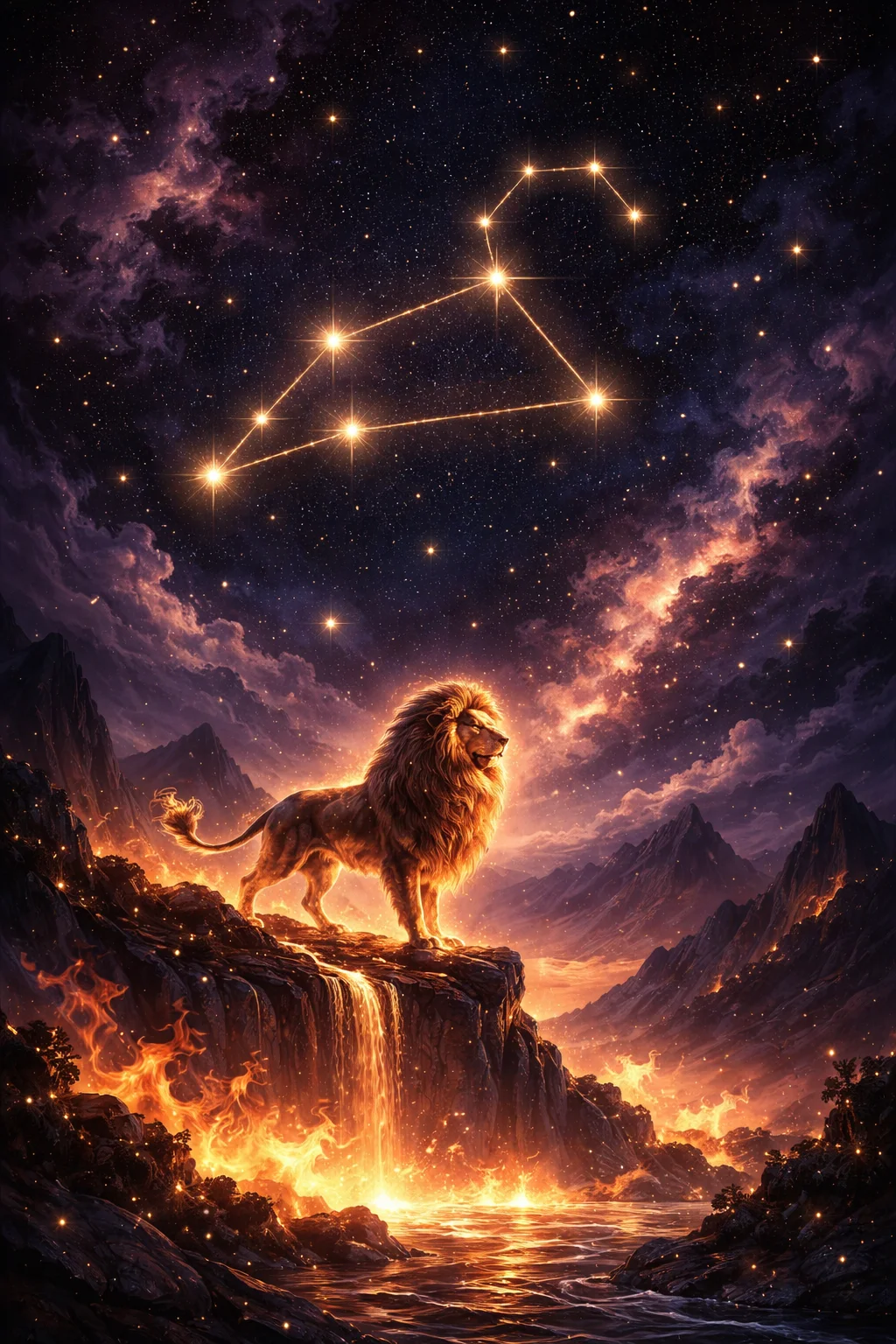 Celestial Leo constellation scene with golden lion energy against a cosmic night sky