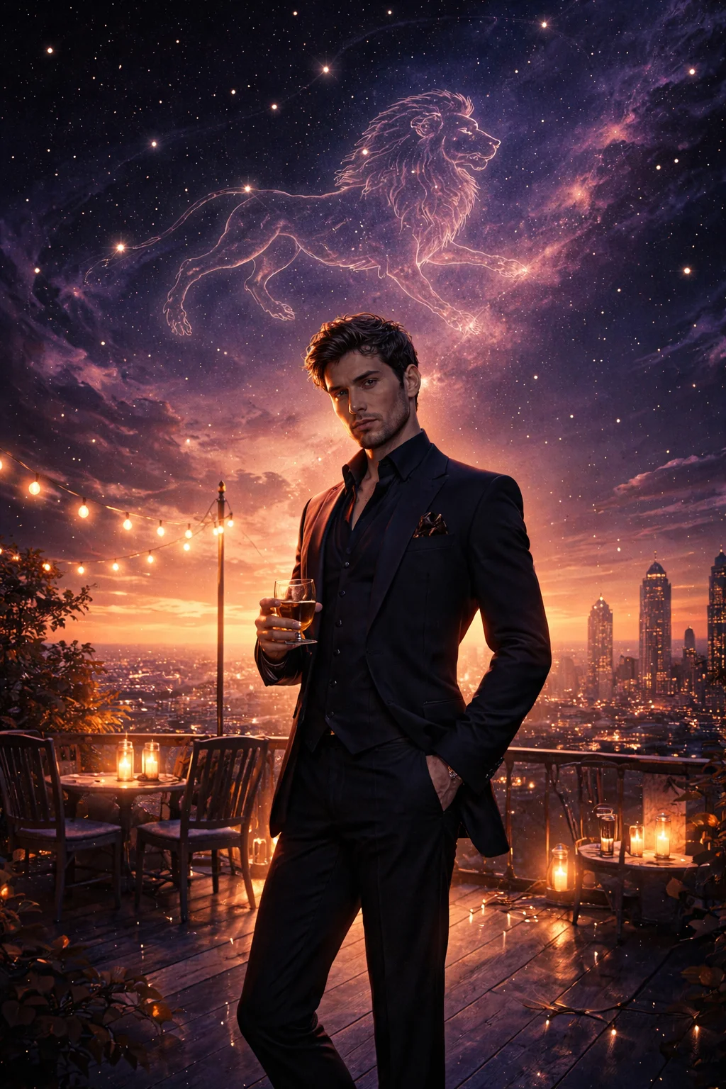 Leo man scene: a proud man alone on a rooftop terrace at golden hour, empty chairs behind him, lion constellation rising
