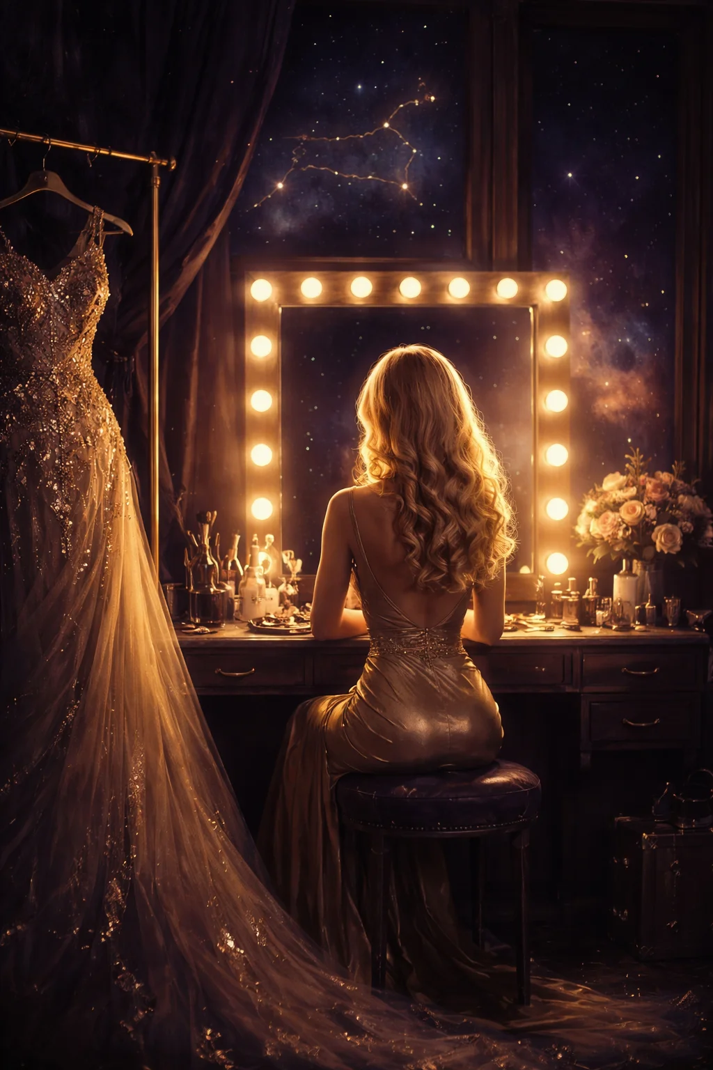 Backstage scene of a Leo woman at a mirror ringed with warm bulbs, gown on a rack, quiet golden light