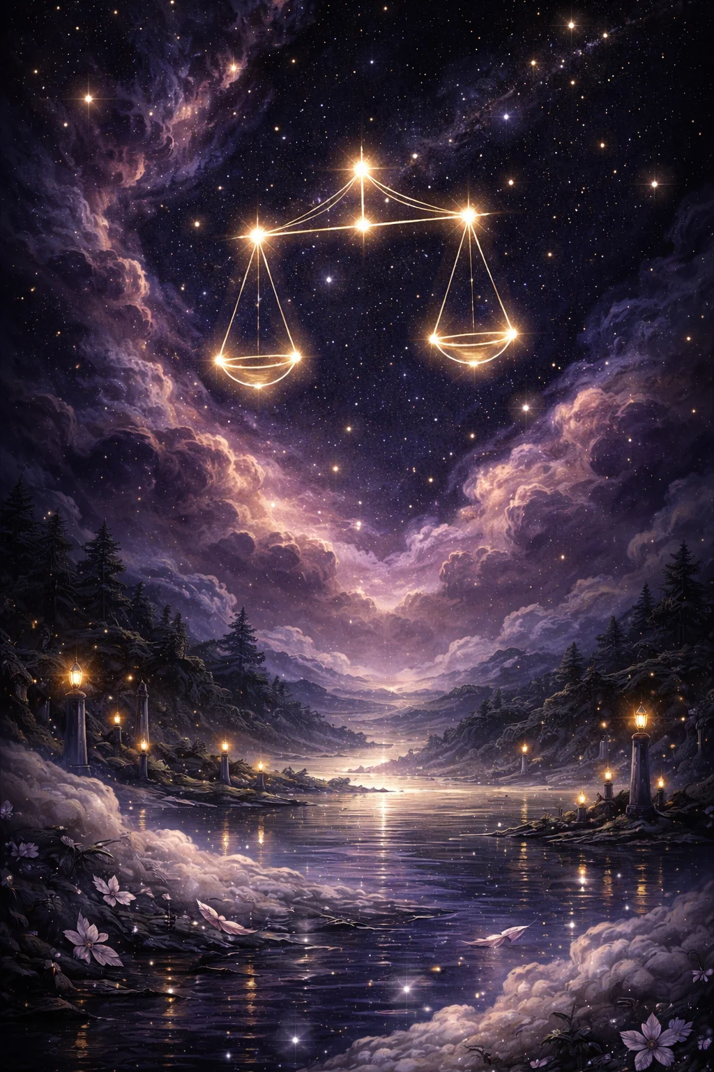 Mystical Libra scene with celestial scales balanced between two glowing pillars under a rose-gold starry sky