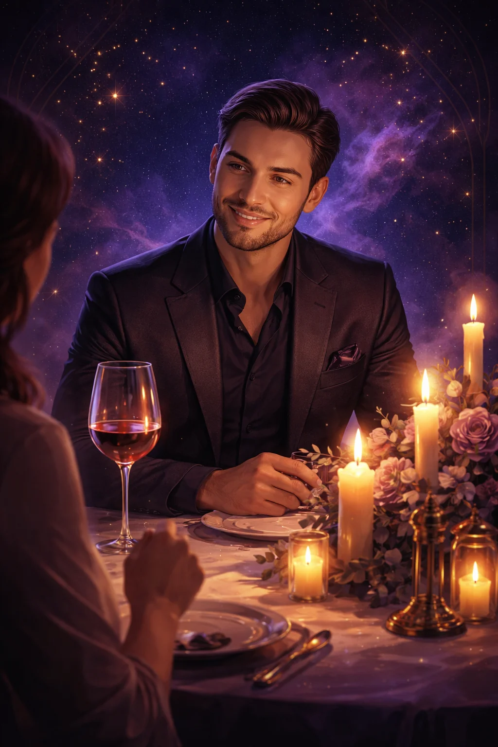 A Libra man at a candlelit dinner smiling and agreeing, the wine glass beside him showing faint stress fringes