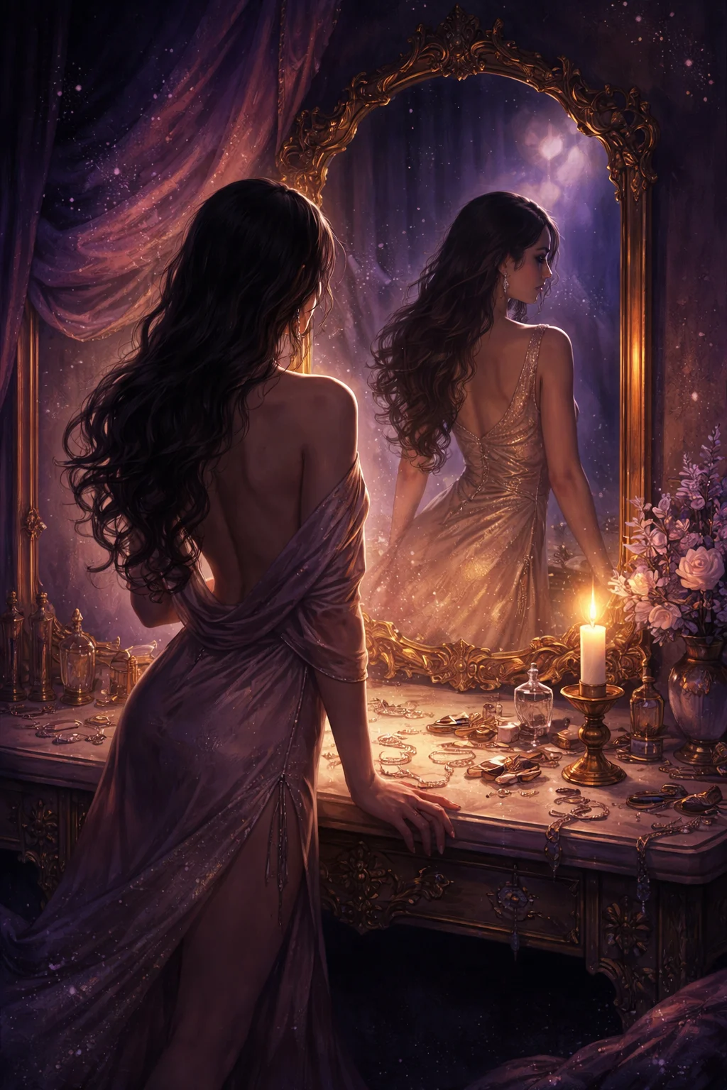 A Libra woman standing unposed before a gilded mirror that reflects her back fully composed, in rose and copper candlelight