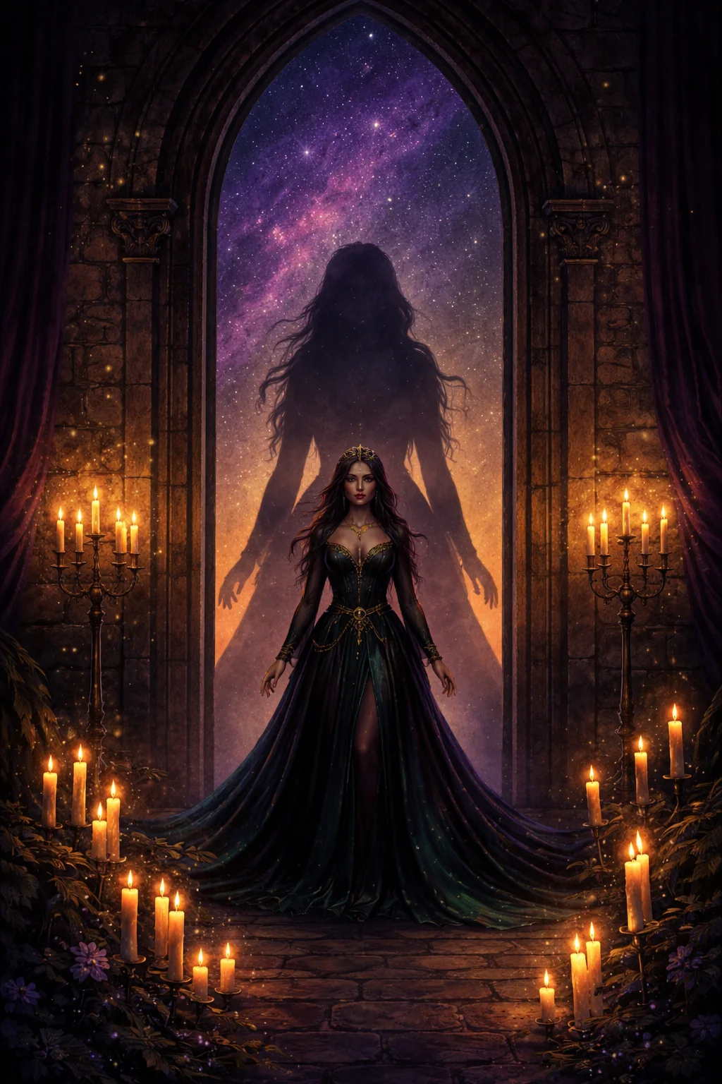 Lilith shadow work — a woman in candlelight with her own shadow cast enormous on the wall behind her