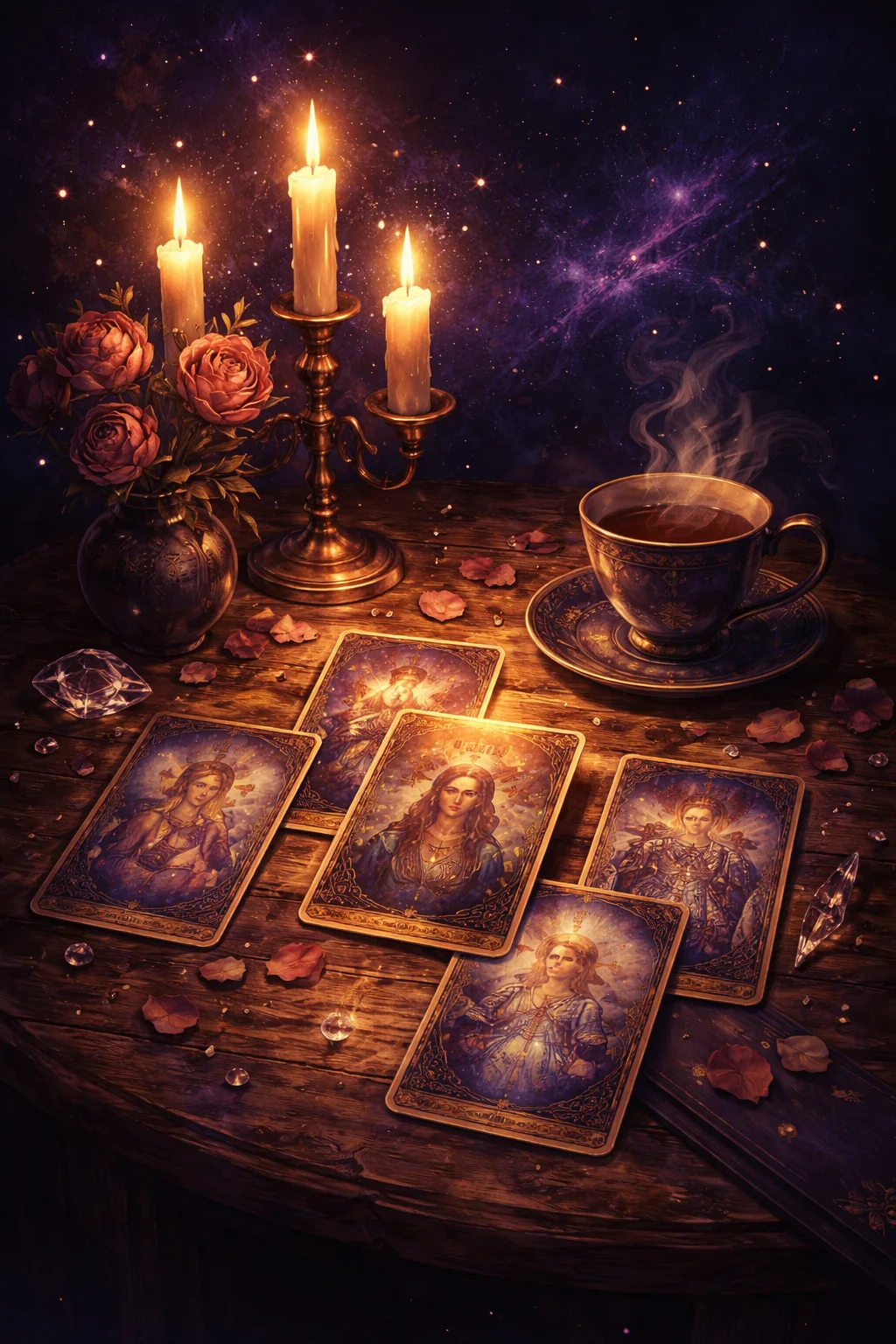 Candlelit table with tarot cards spread for a relationship reading, dried roses and a cup of tea beside them