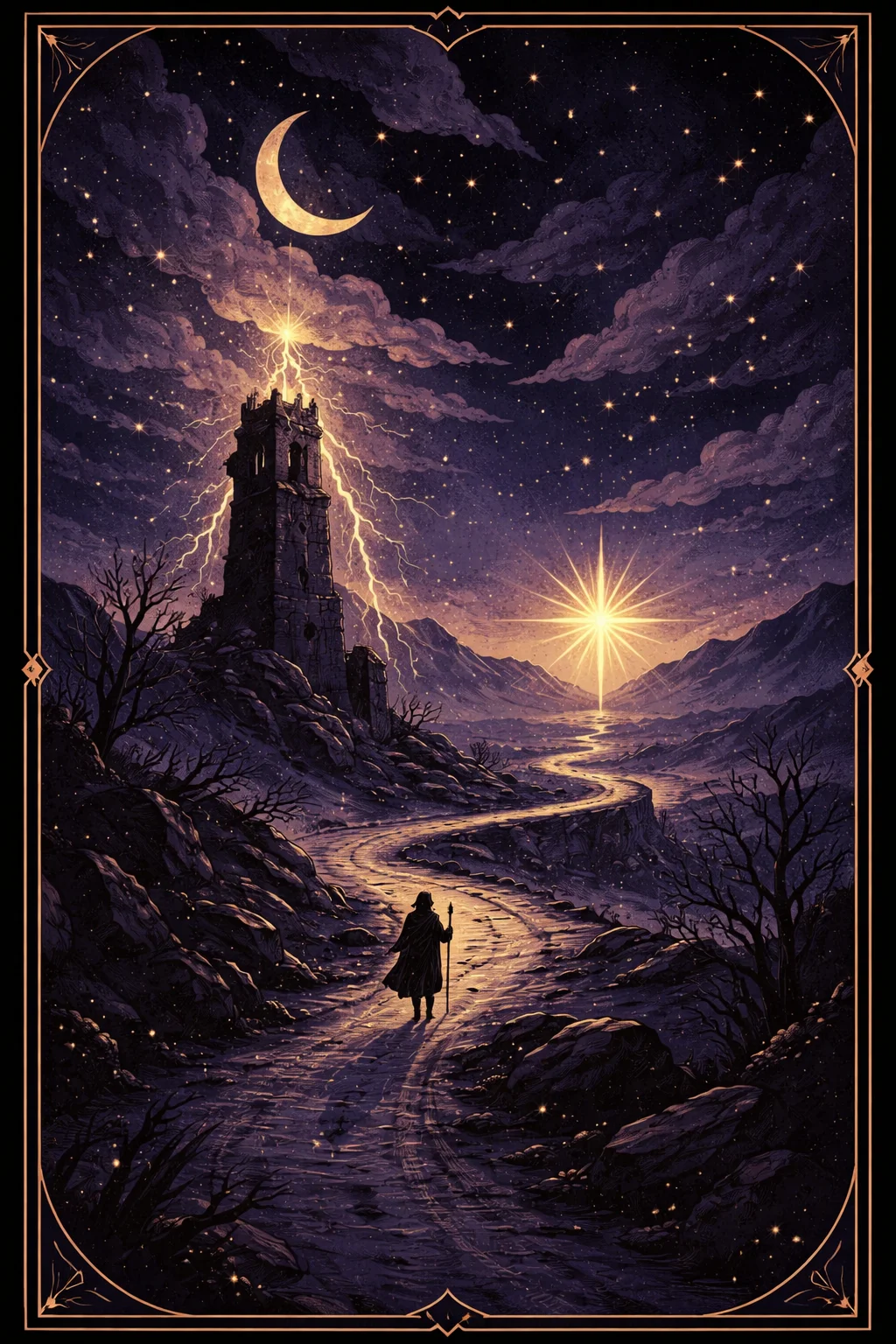 Traveler on the Major Arcana journey's night road between the lightning-struck Tower and the rising Star