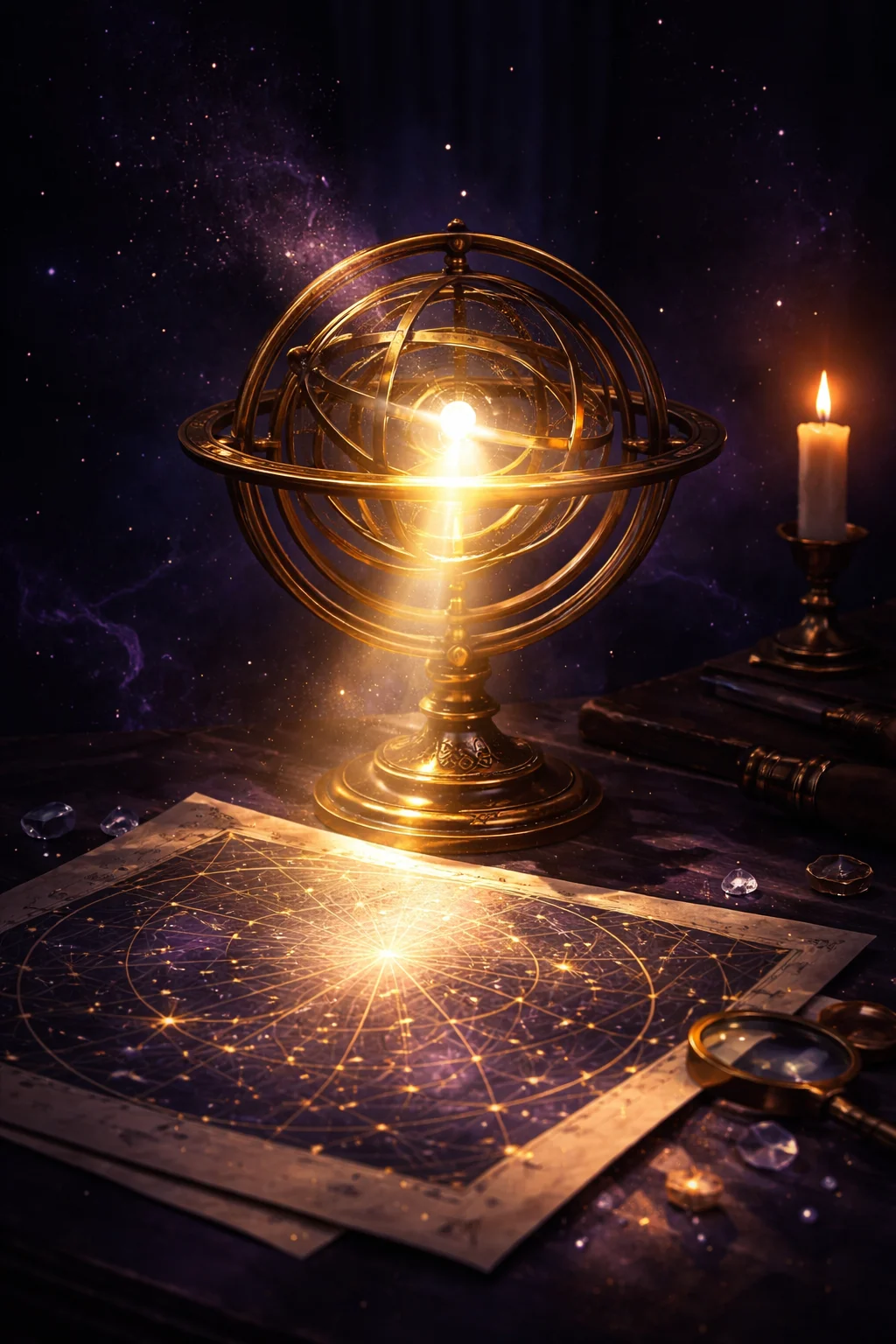 An armillary sphere in low sunlight, its Mercury bead lost in the glare — a combust natal Mercury