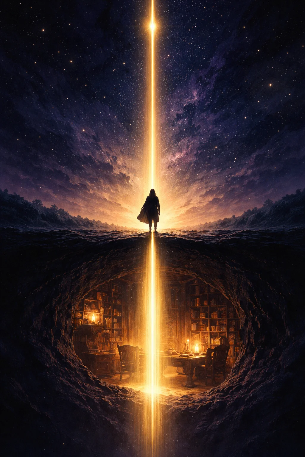A figure on a ridge at dawn under a gold beam marking the midheaven, the line continuing down into a lamplit room below