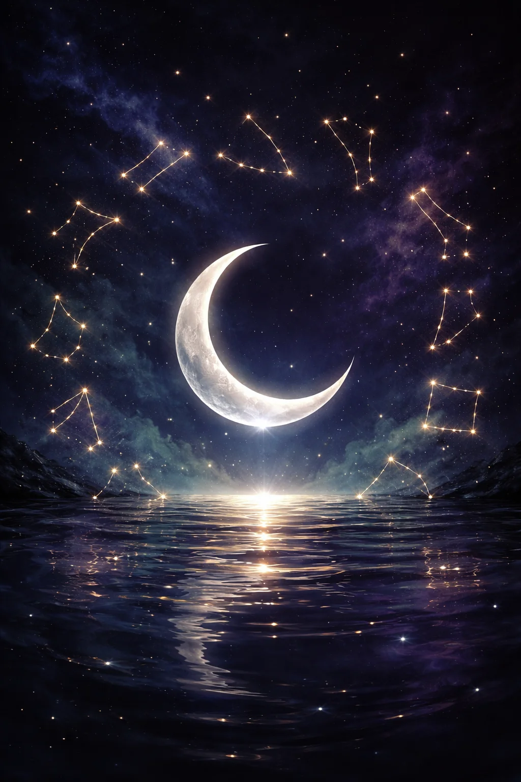 Silver crescent moon reflecting over a mystical pool surrounded by faint zodiac constellation outlines in emerald and silver light