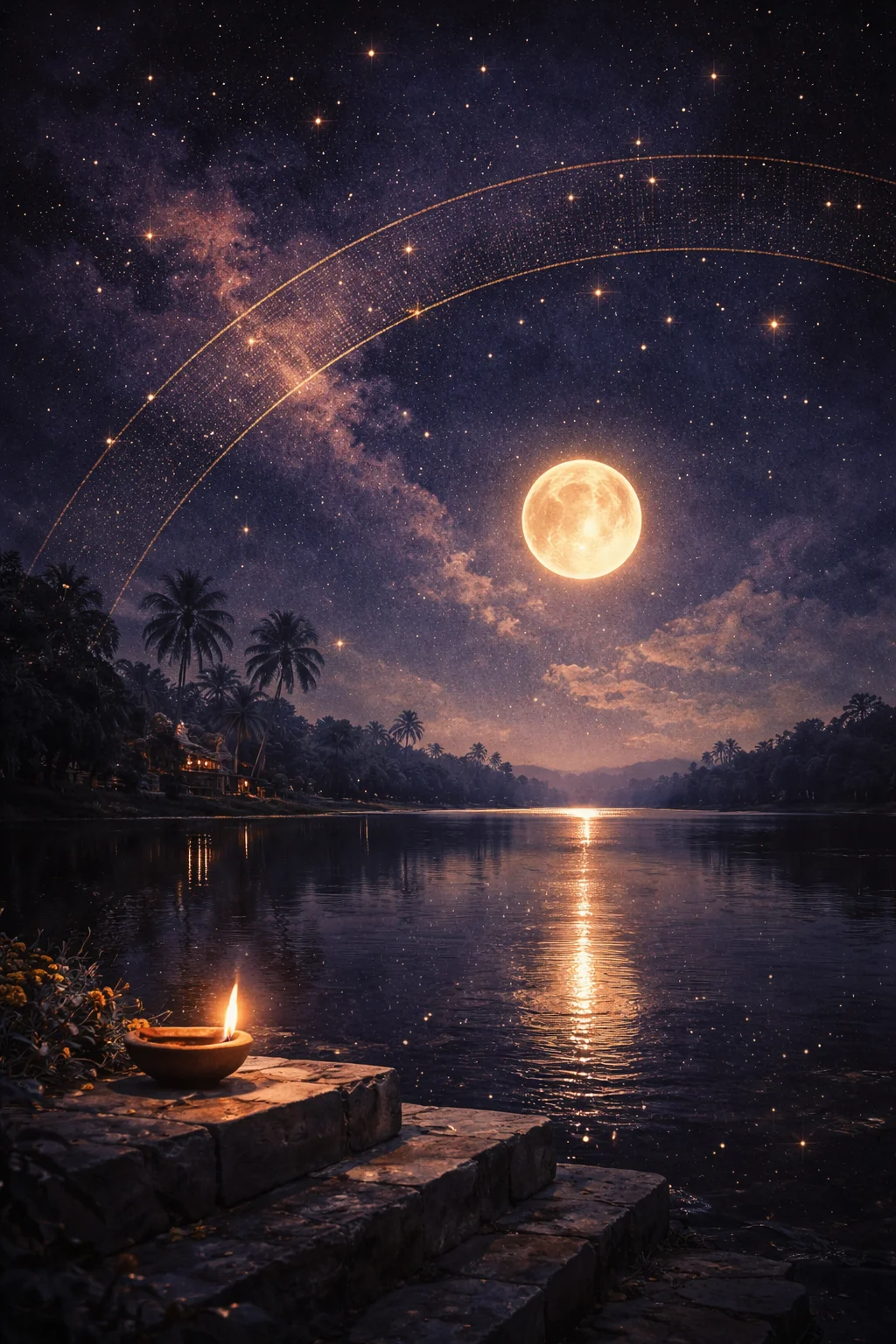 Moonlight over still water with a translucent measuring band of nakshatras laid across the night sky