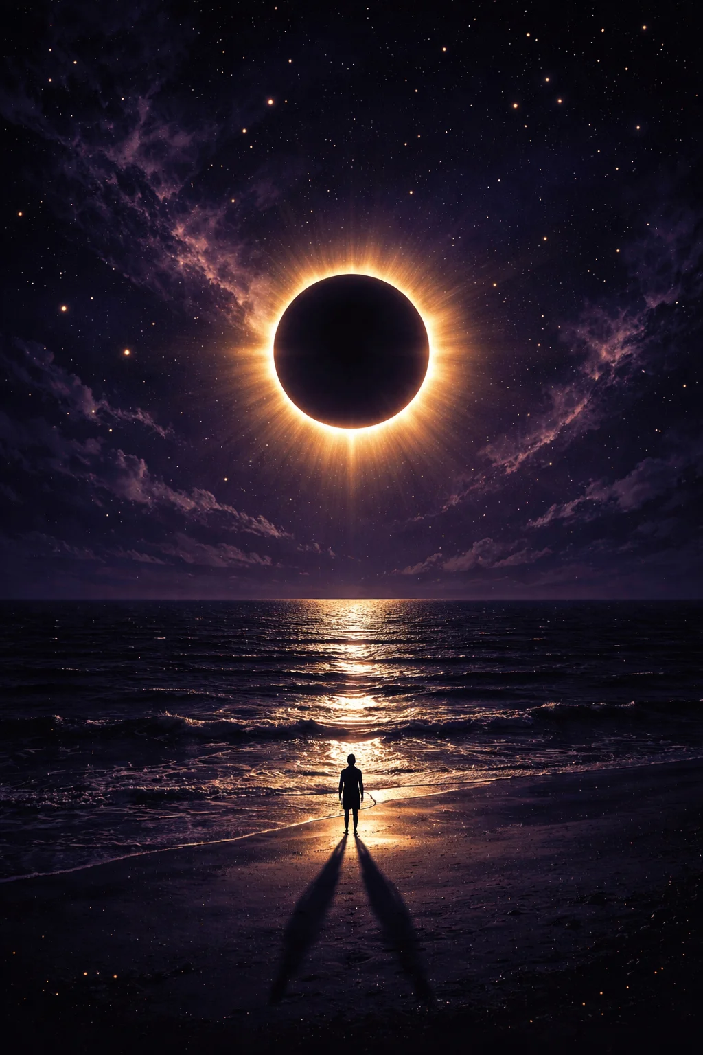 Total solar eclipse over dark water, a figure casting two opposite shadows — the north node axis made visible