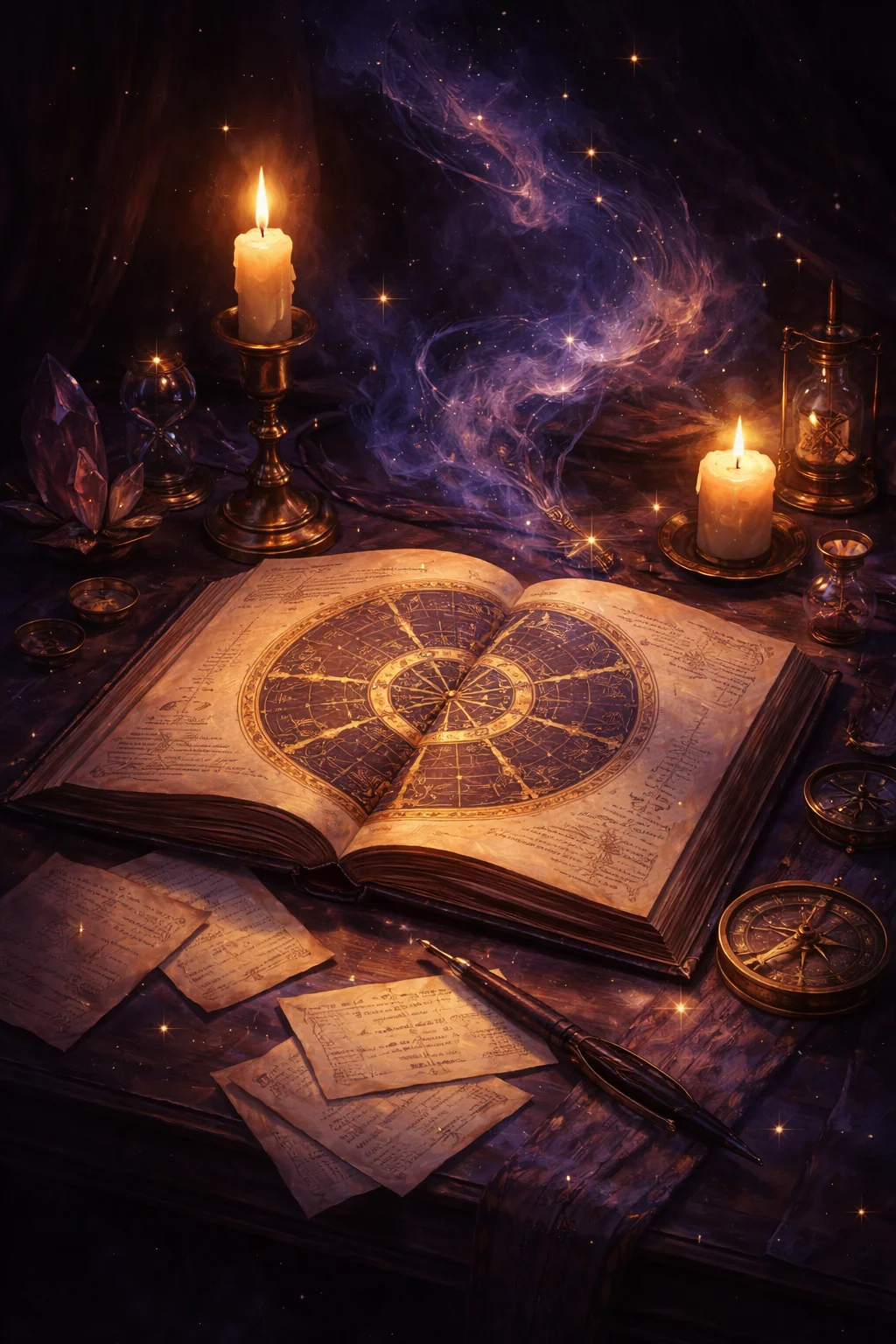 Candlelit desk with an almanac open at a nine-part personal year cycle wheel drawn in gold ink