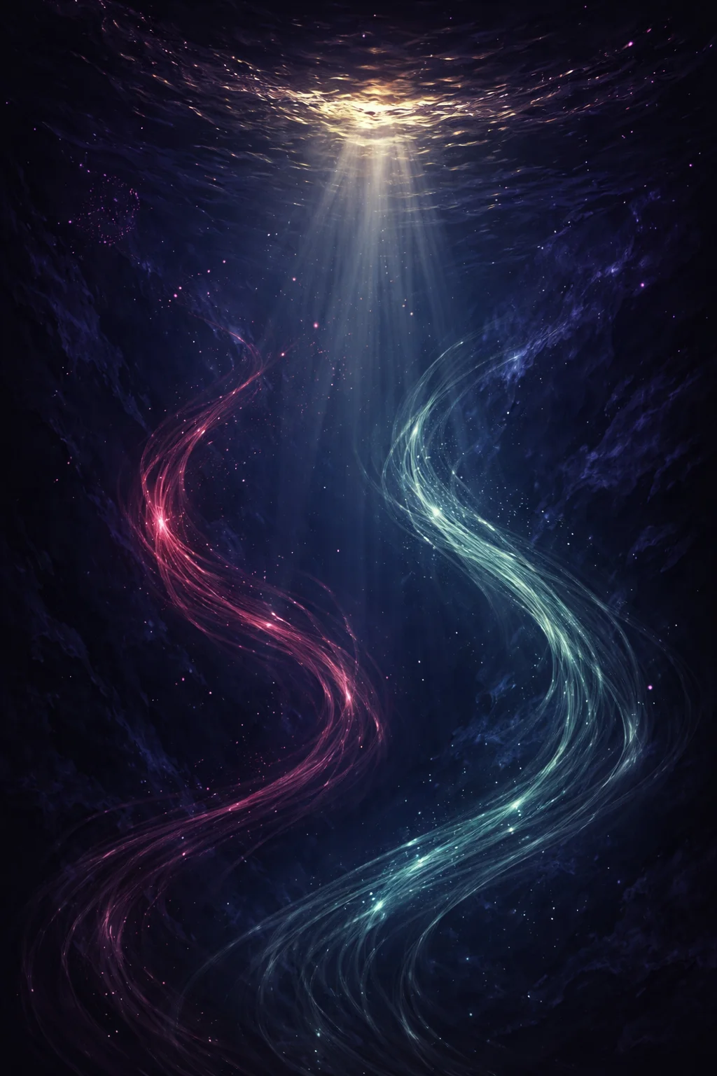 Pisces and Scorpio compatibility scene: dark water below a lone gold light at the surface